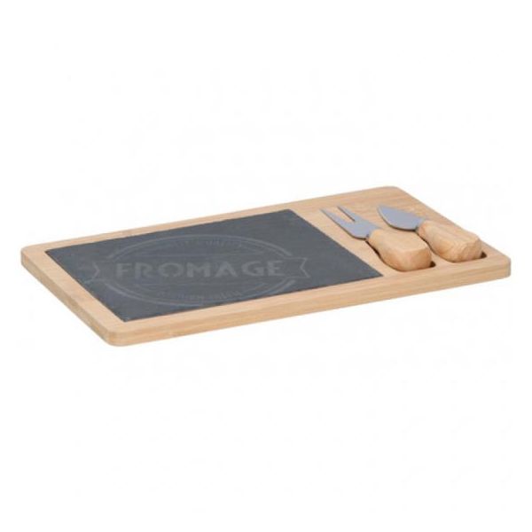 Alpina - Set Da Portata Per Formaggi - Tagliere Per Formaggi + Coltello E Forchetta 28,5 X 17 Cm In Bambù E Ardesia-image