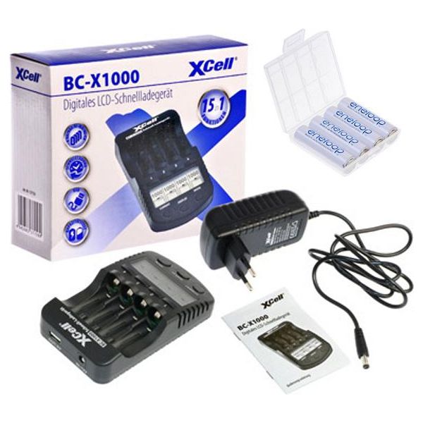Caricabatterie Rapido Con Display Lcd + 4X Eneloop Aa Mignon + Scatola Delle Batterie-image