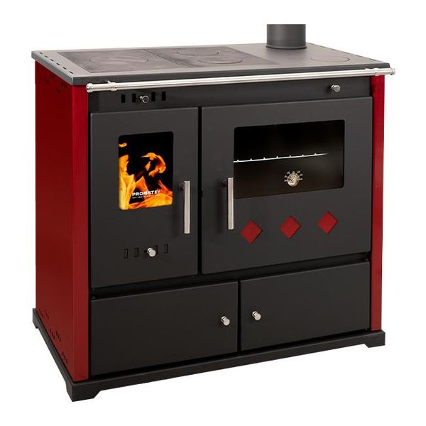 Cucina A Legna Praktik Lux Eco Con Piano Cottura E Forno In Ghisa - Potenza Nominale 9,5 Kw - Pannelli Laterali Rossi - Classe Di Efficienza Energetica A+-image