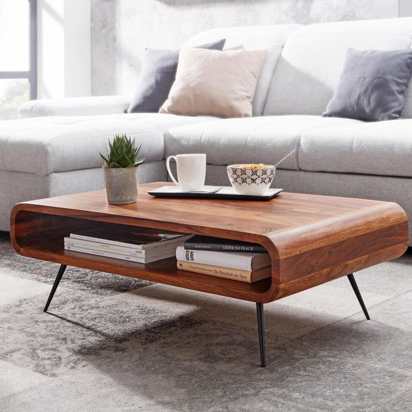 Finebuy Couchtisch Sheesham Massivholz 90Cm Retro Design Ablage Wohnzimmertisch-image