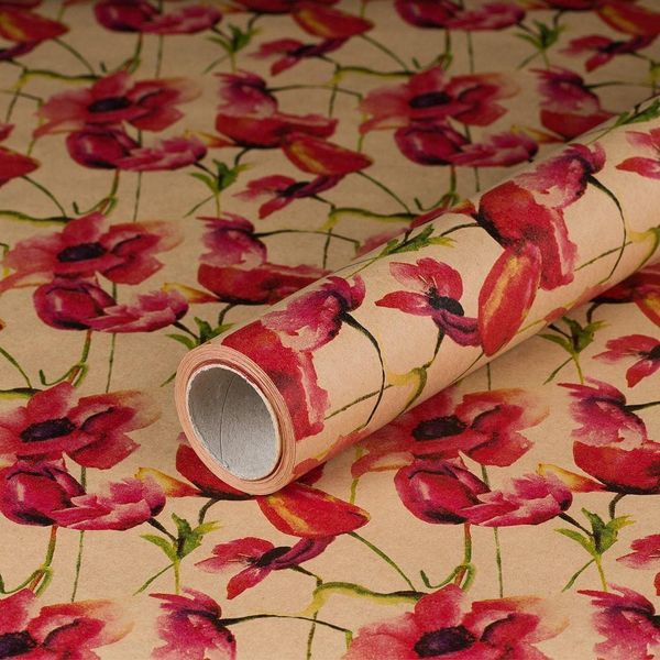 Carta Da Regalo Fiori Di Papavero, Vintage, Carta Kraft, Liscia, 0,70 X 10 M-image