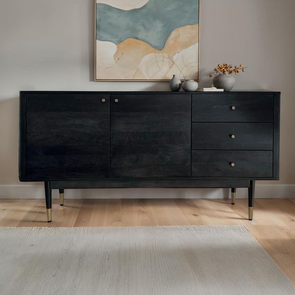 Finebuy Credenza In Legno Massiccio Di Acacia 160 Cm 2 Ante E 3 Cassetti - Cassettiera In Legno Massiccio Retro In Nero - Credenza Di Design Naturale - Fatto A Mano Industriale-image