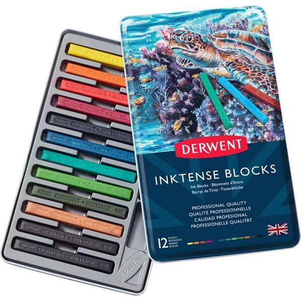 Pastelli Acquerellabili Derwent Inktense Blocks, 12 Pezzi In Scatola Di Metallo-image
