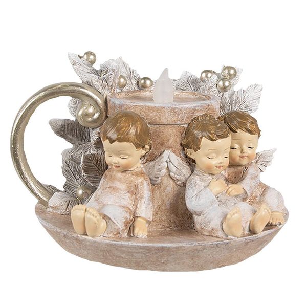 Clayre & Eef Decorazione Natalizia Con Illuminazione A Led Portacandele 14X13X10 Cm Angelo In Poliresina Marrone-image