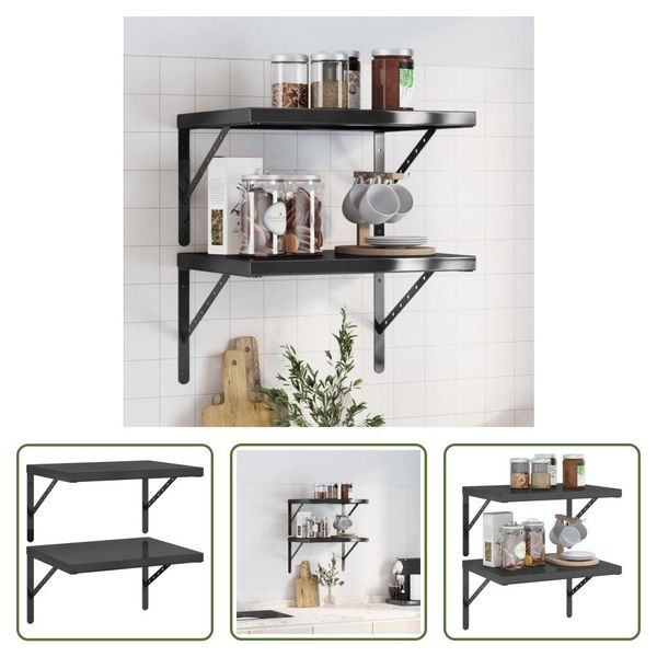 The Living Store Mensole A Muro 2 Pz. 50X40 Cm Nero Acciaio Inox-image