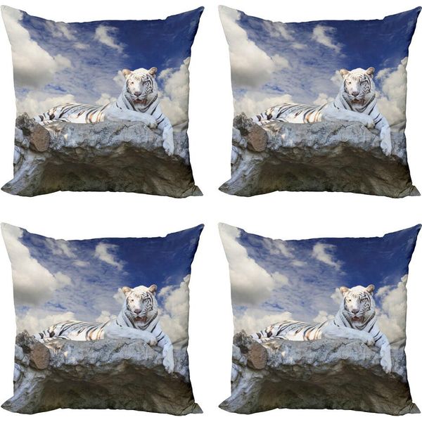 Abakuhaus Set Di Federe Tiger (4 Pezzi), Bengal Feline Jagd, Stampa Digitale Moderna Su Entrambi I Lati, 50 Cm X 50 Cm, Guscio D'uovo Blu Cielo Bianco-image