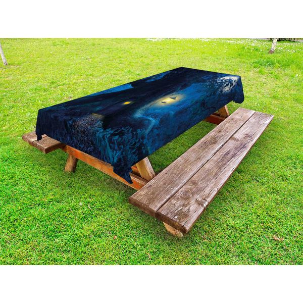Abakuhaus Tovaglia Da Esterno, Notte Magica Con Casetta Nel Tronco Di Un Vecchio Albero - Tema Fiabesco Della Foresta Incantata, Blu Notte Senape, 145X210 Cm-image