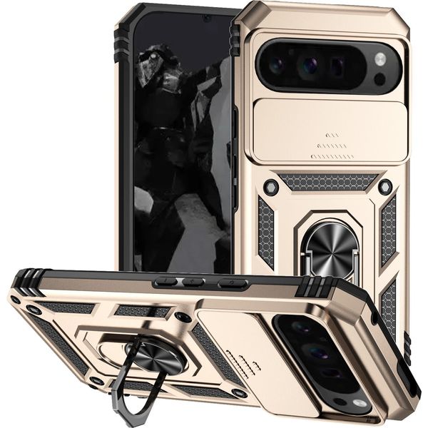 Custodia Per Google Pixel 10 Pro A Doppio Strato Con Copertura Scorrevole Della Fotocamera E Supporto Ad Anello Oro-image