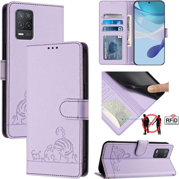 Custodia In Pelle Per Realme 8 5G, Dolce Gatto Custodia Flip Con Funzione Stand E Portafoglio Viola-image