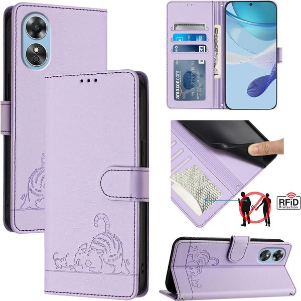 Custodia In Pelle Per Oppo A17 / A17K, Dolce Gatto Custodia Flip Con Funzione Stand E Portafoglio Viola-image