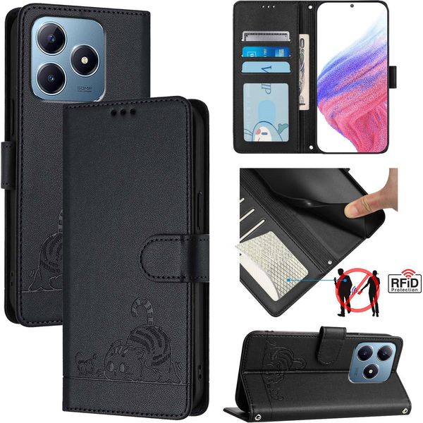 Custodia In Pelle Per Realme C63/Realme C61, Dolce Gatto Custodia Flip Con Funzione Stand E Portafoglio Nero-image