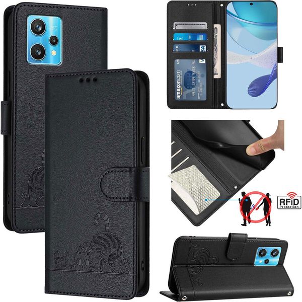 Custodia In Pelle Per Realme 9 4G, Dolce Gatto Custodia Flip Con Funzione Stand E Portafoglio Nero-image