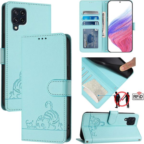 Custodia In Pelle Per Samsung Galaxy M32 4G, Dolce Gatto Custodia Flip Con Funzione Stand E Portafoglio Verde Chiaro-image