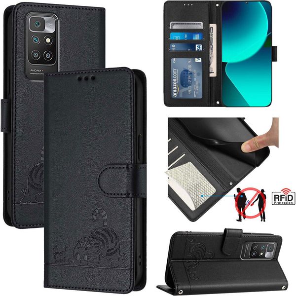 Custodia In Pelle Per Xiaomi Redmi 10, Dolce Gatto Custodia Flip Con Funzione Stand E Portafoglio Nero-image