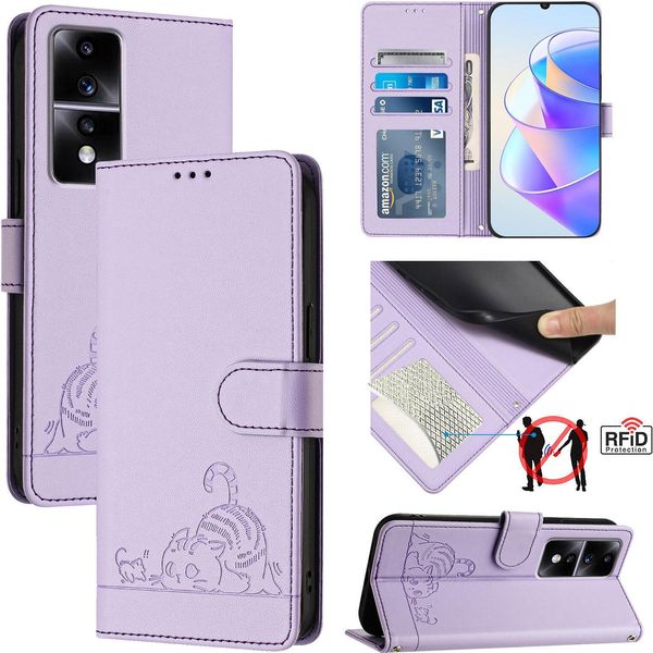 Custodia In Pelle Per Honor 80 Gt, Dolce Gatto Custodia Flip Con Funzione Stand E Portafoglio Viola-image