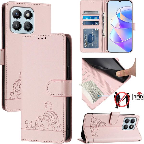 Custodia In Pelle Per Honor X8B, Dolce Gatto Custodia Flip Con Funzione Stand E Portafoglio Rosa-image