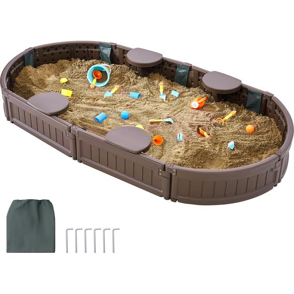 Succebuy Sabbiera Con Coperchio, Sabbiera Ovale Da 72 X 41,5 X 9,1 Pollici, Sabbiera In Hdpe Con 4 Sedili Angolari E Rivestimento Inferiore Per Esterni, Cortile, Spiaggia, Regalo Per Ragazzi E Ragazze 3-12-image