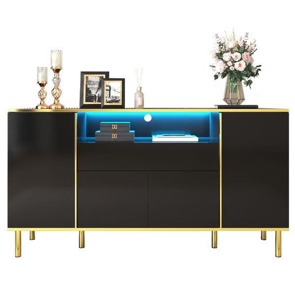 Fortuna Lai Credenza Nera Con Quattro Ante E Due Cassetti, Mobile Moderno A Led, Nero-image