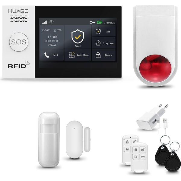Huxgo HXA007 Sistema Di Allarme Casa Wifi + Gsm 2G Con Sirena Wireless, Sistema Di Allarme Con 1X Sensore Di Movimento E 1X Sensore Porta/Finestra, Sistema Di Allarme Per Appartamento, Casa, Garage, App Tuya Smartlife-image