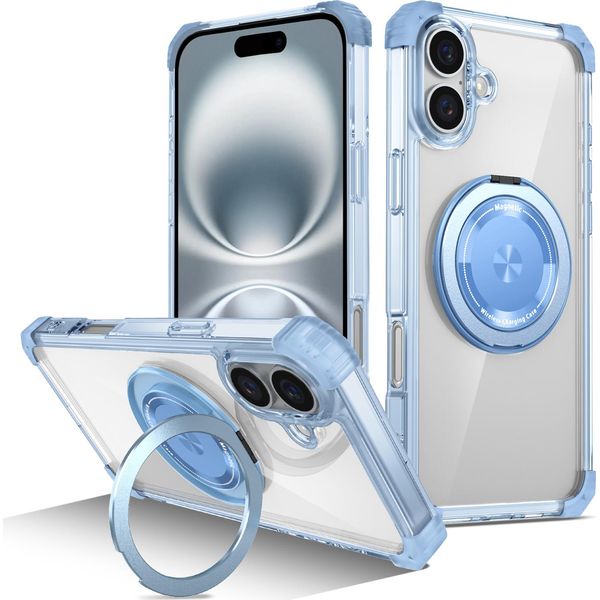 Custodia Per Iphone 16 Supporto Magnetico Ad Anello, Supporto, Compatibile Con Magsafe, Protezione Militare, Custodia Trasparente Blu-image