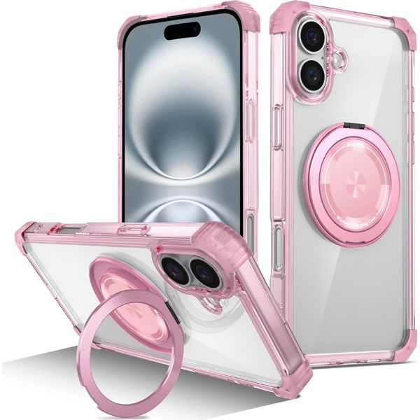 Custodia Per Iphone 16 Supporto Magnetico Ad Anello, Supporto, Compatibile Con Magsafe, Protezione Militare, Custodia Trasparente Rosa-image