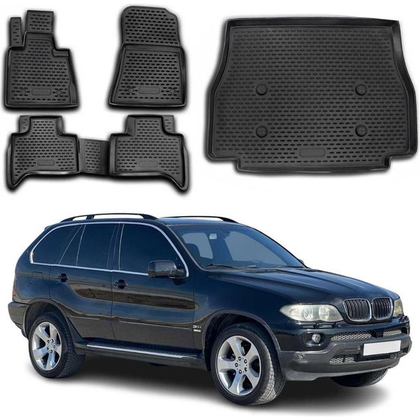 Set Tappetini E Fodera Bagagliaio Per Bmw X5 E53 1999-2006 In Gomma Tpe Nero 5X-image