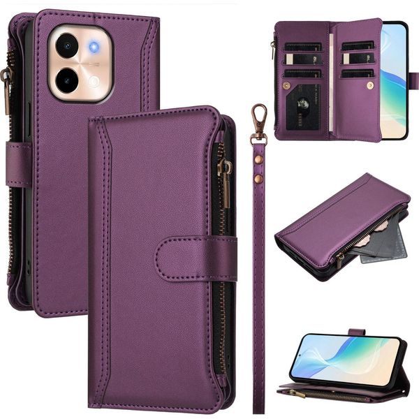 Custodia Per Vivo Y28 4G, Con Cerniera, Portafoglio In Finto Cuoio Con Tasche Per Carte, Supporto E Passante Per Mano Viola-image