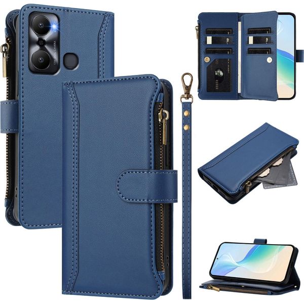 Custodia Per Infinix Hot 20 Play, Con Cerniera, Portafoglio In Finto Cuoio Con Tasche Per Carte, Supporto E Passante Blu-image