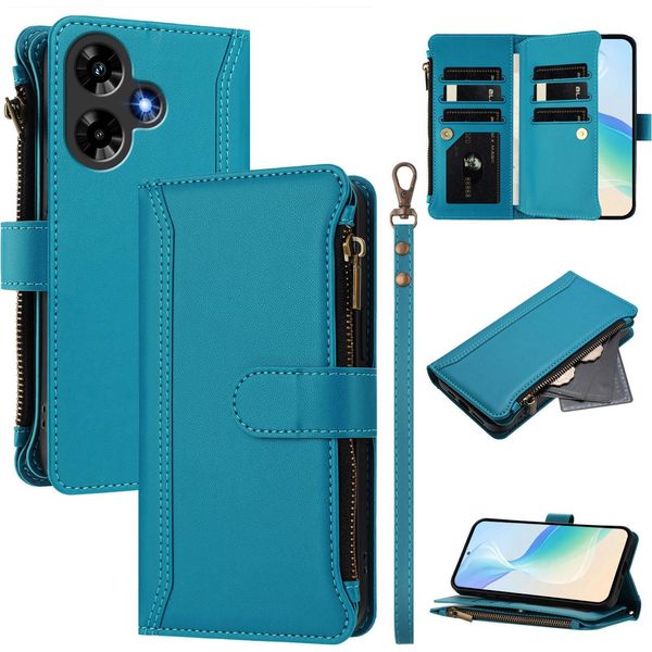 Custodia Per Infinix Hot 30 4G, Con Cerniera, Portafoglio, Custodia Flip In Finto Cuoio Con Tasche Per Carte, Supporto E Passante Per Mani Lake Blu-image
