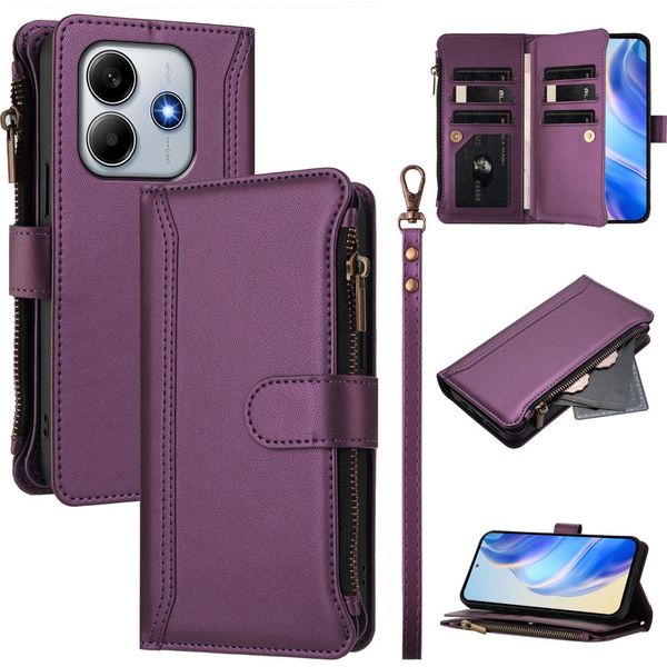 Custodia Per Xiaomi Redmi Note 14 4G, Con Cerniera, Portafoglio In Finto Cuoio Con Tasche Per Carte, Supporto E Passante Per Mano Viola-image