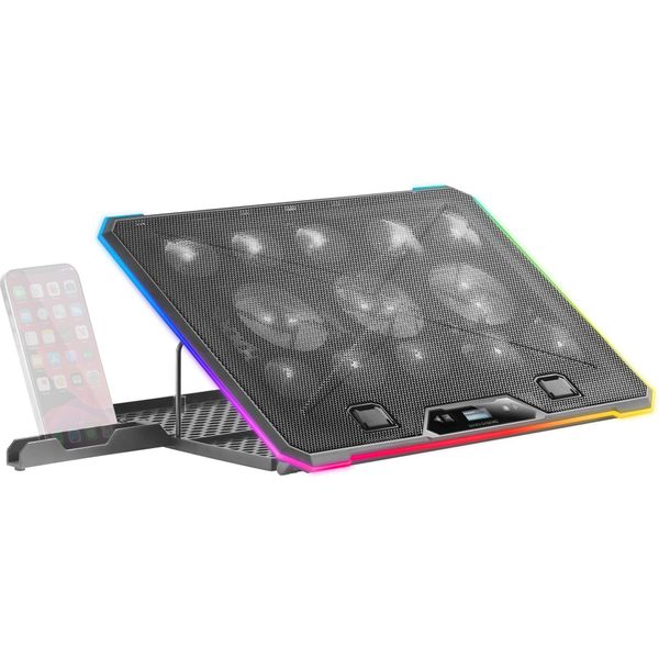 Mars Gaming MNBC13, Supporto Per Laptop E Supporto Di Raffreddamento Per Notebook Fino A 17", Illuminazione Argb A 10 Modalità, Ventola 13X Con Led Bianco, 8 Posizioni Regolabili, Display Lcd, Supporto Per Smartphone, Nero"-image