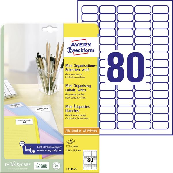 Avery L7632 - Etichette Autoadesive Permanenti Per Indirizzi Di Ritorno - Bianco - 35,6 X 16,9 Mm - 2000 Etichette (25 Fogli X 80) (L7632-25)-image