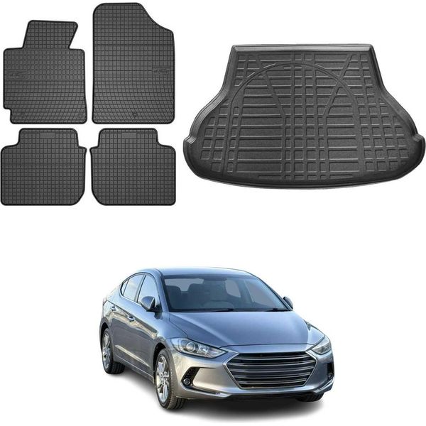 Set Di Tappetini E Fodere Per Il Bagagliaio Per Hyundai Elantra 2010-2015 In Gomma Nera 5X-image