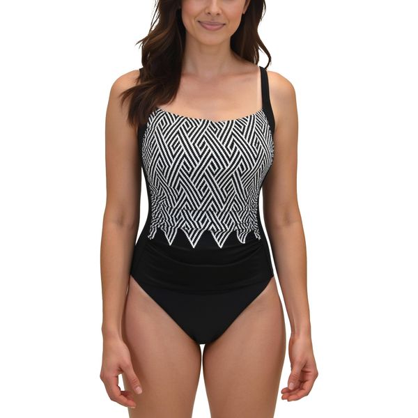 Vivisence Ladies Swimsuit One Piece Tummy Concealing Padded Cups Wide Adjustable Straps Lined Front Colourful Pattern Ideal For Beach And Pool, Black And White, 85C-image