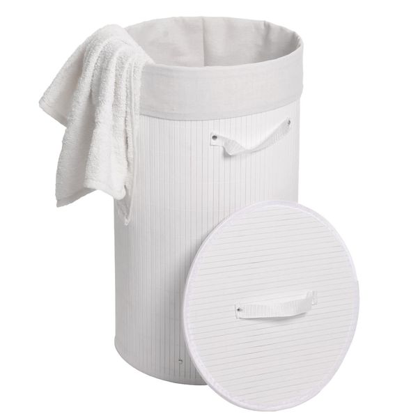 WäSchekorb MCW-C21, Laundry WäSchebox WäSchesammler WäSchebehäLter WäSchetonne, Bambus Rund 59X35Cm 50L ~ Weiß-image