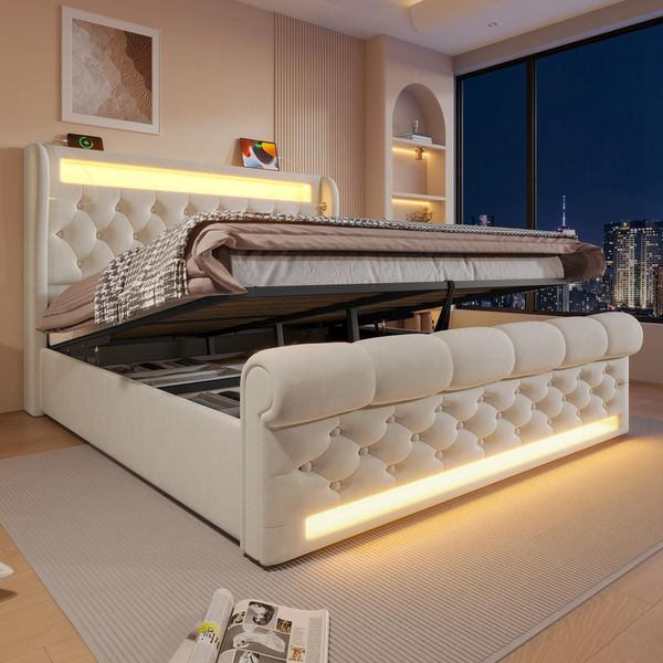 Letto Imbottito Idraulico Flieks 140X200Cm Con Usb E Type-C, Letto Per Ragazzi Letto Matrimoniale Con Led, Letto Contenitore Letto Per Bambini Con Rete A Doghe, Velluto, Beige-image
