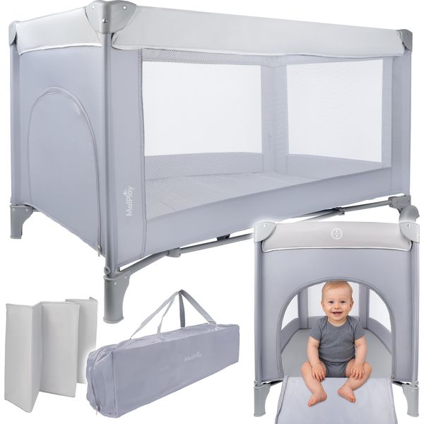 Malplay Lettino Da Viaggio, Box Per Bambini, Borsa Materasso Luno 60X120Cm Grigio Con Ruote, Apertura Rapida-image