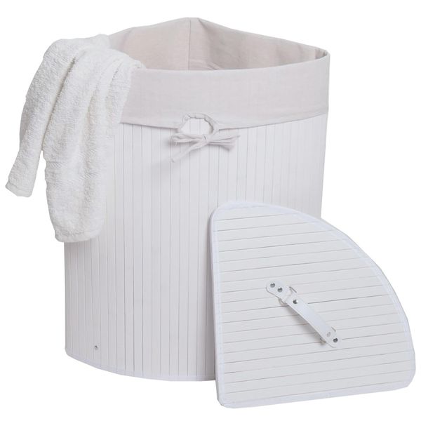 EckwäSchekorb MCW-C21, Laundry WäSchebox WäSchesammler WäSchebehäLter, Bambus 61X48X35Cm 50L ~ Weiß-image