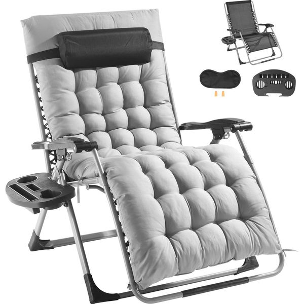 Succebuy Sedia A Gravità Zero Da 33 Pollici, Grigio. Ideale Per Interni Ed Esterni. Regolabile Con Cuscino, Poggiatesta, Poggiapiedi E Portabicchieri. Supporta 500 Libbre.-image