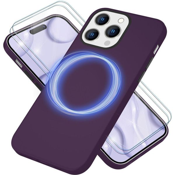 Custodia Magsafe Con 2X Vetro Protettivo Per Iphone 14 Pro, Cover In Silicone Facile Da Pulire Borgogna-image