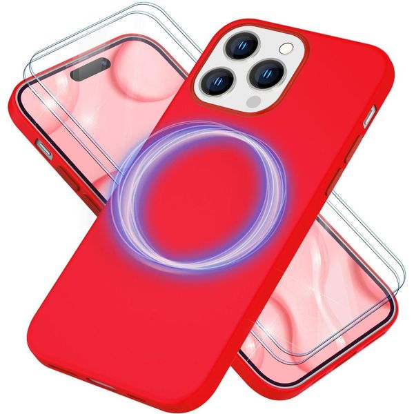 Custodia Magsafe Con 2X Vetro Protettivo Per Iphone 14 Pro Max, Custodia In Silicone Facile Da Pulire Rosso-image