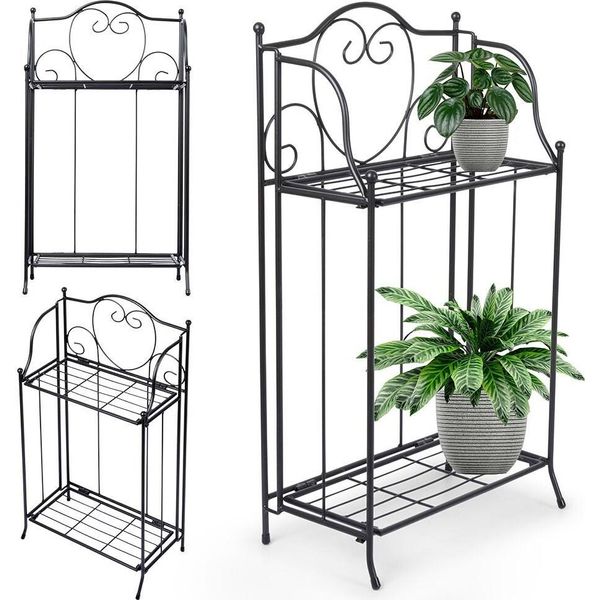 Scaffale Per Piante Scaffale Per Piante Colonna Per Fiori Scala Per Piante A 2 Livelli In Metallo Nero 34,5X18,5X65Cm-image