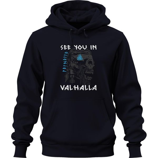 Ci Vediamo Nel Valhalla Teschio Vichingo MjöLnir Rune Mitologia Felpa Con Cappuccio Unisex, Navy, M-image