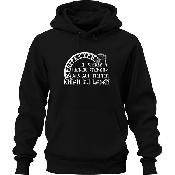 In Piedi Per Morire Piuttosto Che In Ginocchio Per Vivere Ragnar, Rune Del Teschio Vichingo, Felpa Con Cappuccio Unisex, Nero, M-image