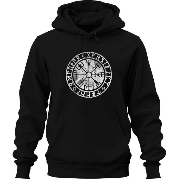 Vegvisir Viking Compass Nordic Runic Circle Protection Symbol North Unisex Hoodie Felpa Con Cappuccio, Nero, L-image
