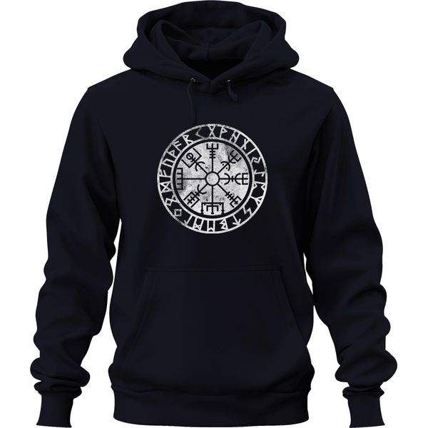 Vegvisir Viking Compass Nordic Runic Circle Protection Symbol North Unisex Hoodie Hoodie, Navy, M-image
