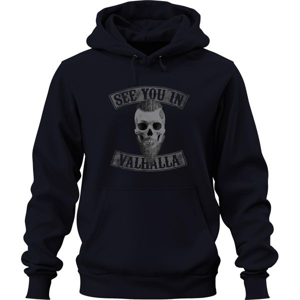 Ci Vediamo Nel Valhalla Cranio Rune Vichingo Vegvisir Biker Unisex Felpa Con Cappuccio, Navy, 3XL-image