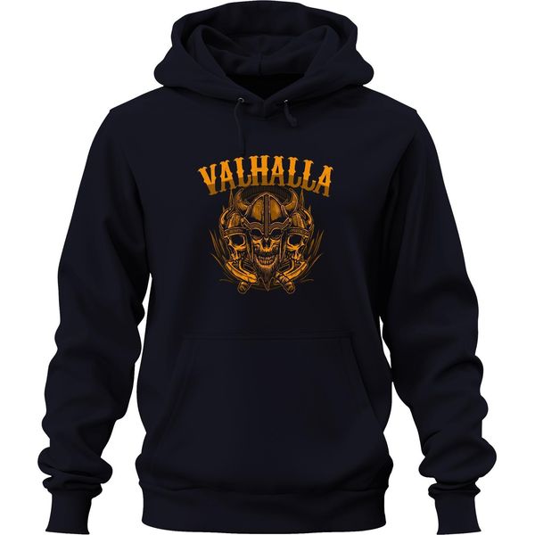 Valhalla Viking Skull Helmet Axes Norse Mythology Runes Unisex Hoodie Hoodie, Navy, M-image