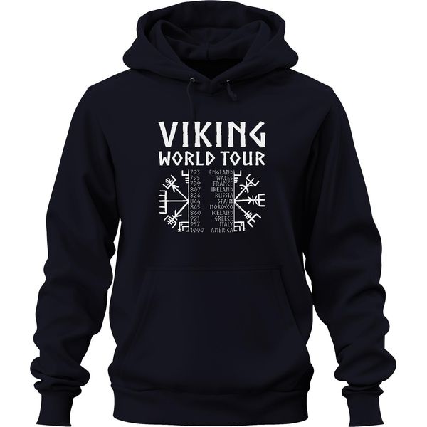 Viking World Tour Rune Vichinghe Nordic World Tour Adventure Unisex Felpa Con Cappuccio, Navy, M-image