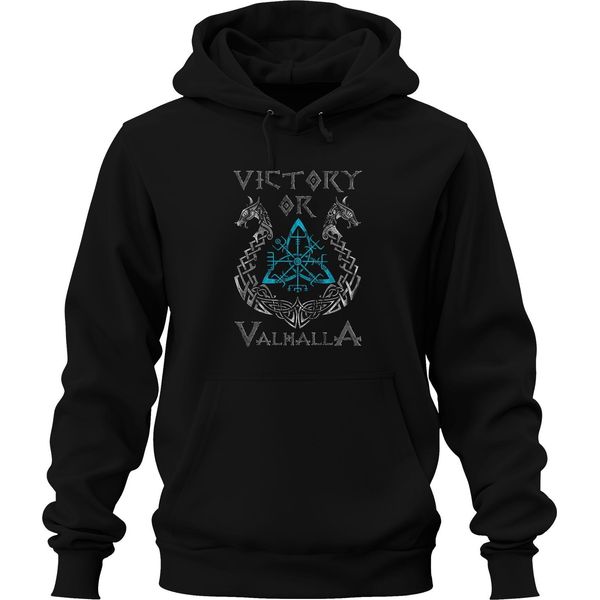 Vittoria O Valhalla Vegvisir Bussola Runica Lupi Vichinghi Nodo Unisex Felpa Con Cappuccio, Nero, Xl-image
